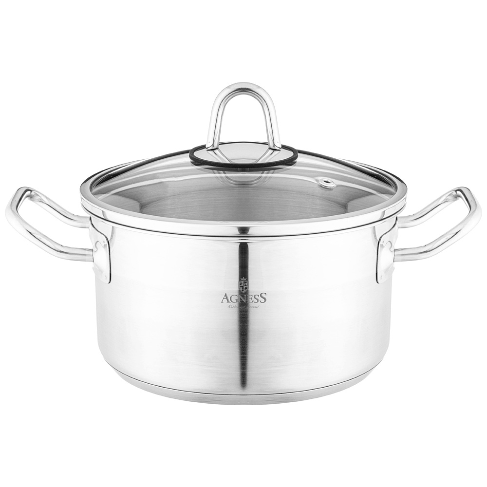 916-451 КАСТРЮЛЯ AGNESS 18X10 СМ 2,3 Л ВЫСОКОКАЧЕСТВЕННАЯ НЕРЖ СТАЛЬ 18/10 СО СТЕКЛ.КРЫШКОЙ