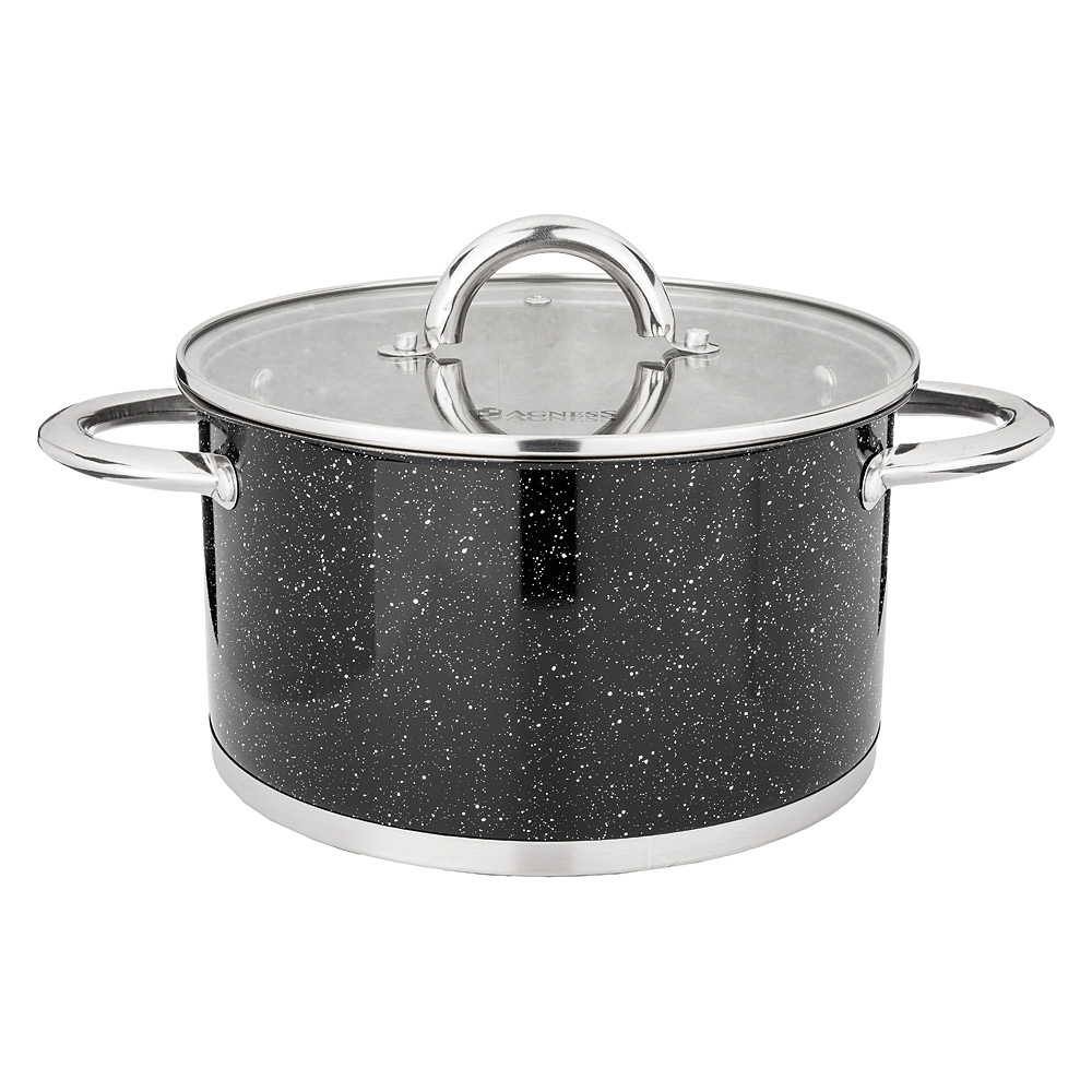 937-308 КАСТРЮЛЯ AGNESS СО СТЕКЛЯННОЙ КРЫШКОЙ, НЕРЖ.СТАЛЬ, СЕРИЯ BLACK MARBLE 4,6Л 22Х12,5СМ (КОР=4ШТ.)
