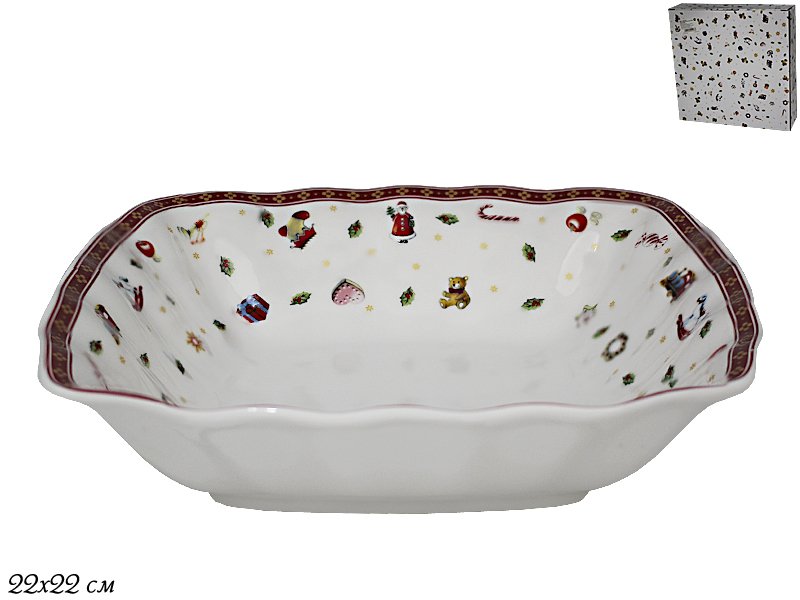 105-619 Квадратный салатник 22см. НОВЫЙ ГОД в под.уп.(х18) Фарфор