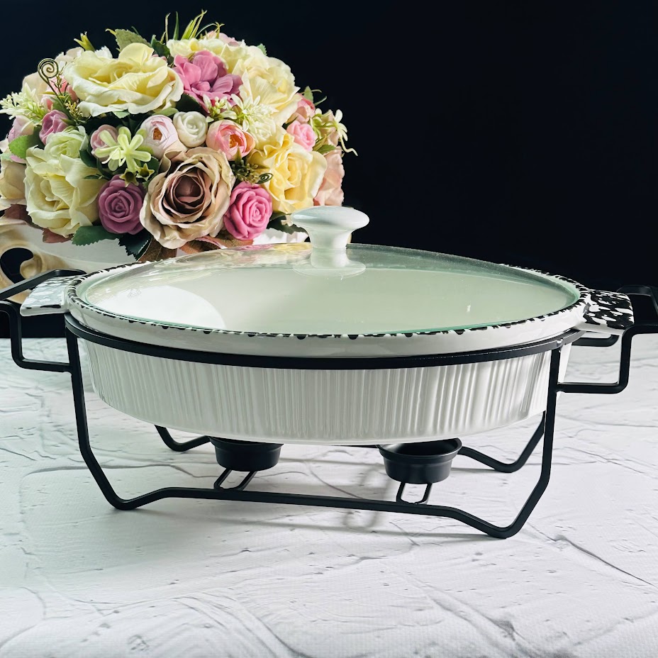 142-106 Сервировочный овальный мармит 37х26х12см на подставке в под.уп.(х4)Фарфор