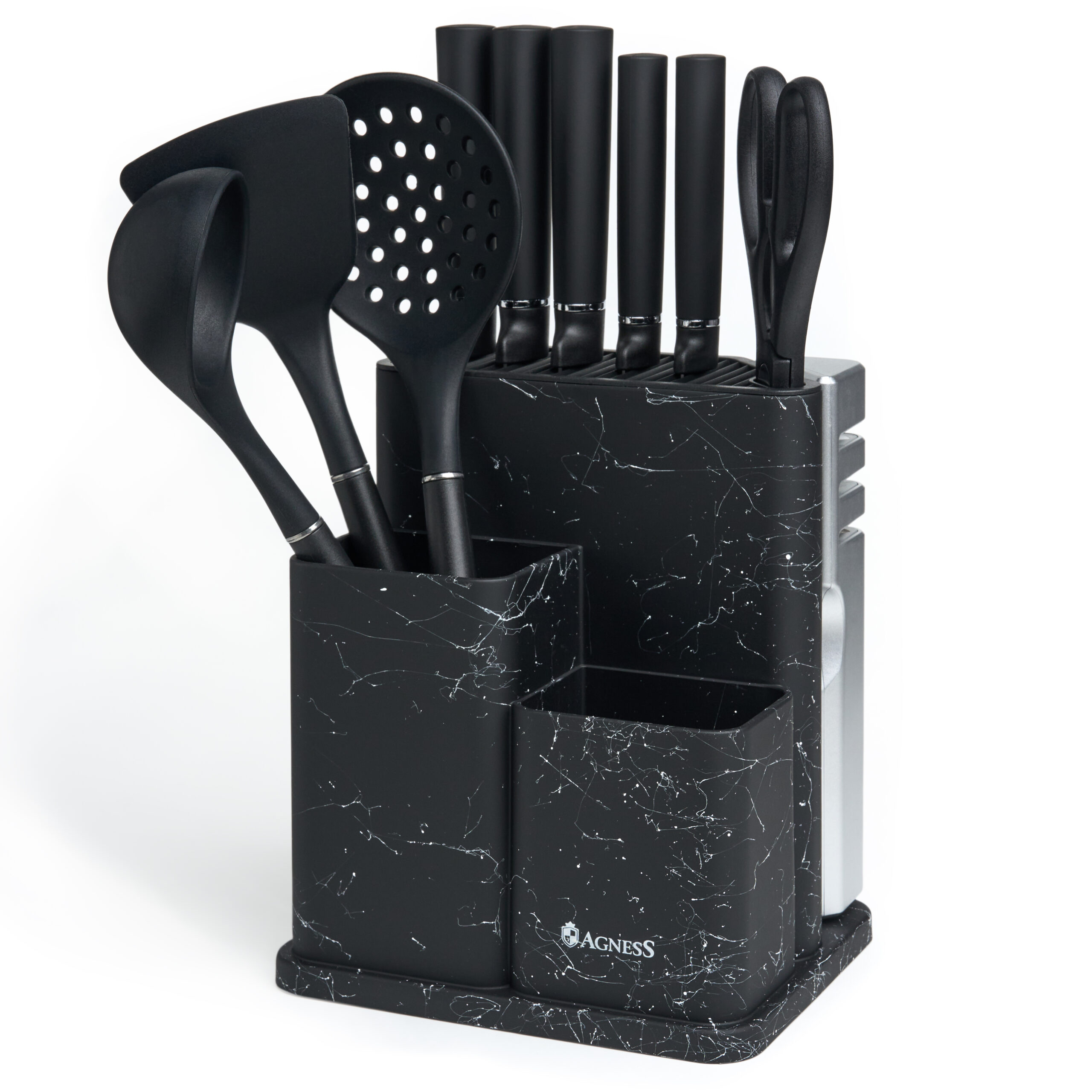 671-227 НАБОР AGNESS ИЗ 11ПР:5 НОЖЕЙ,ПОЛОВНИК,ЛОПАТКА,ШУМОВКА,ПОДСТАВКА,НОЖЕТОЧКА,НОЖНИЦЫ,ЧЕРНЫЙ МРАМОР/СЕРЫ